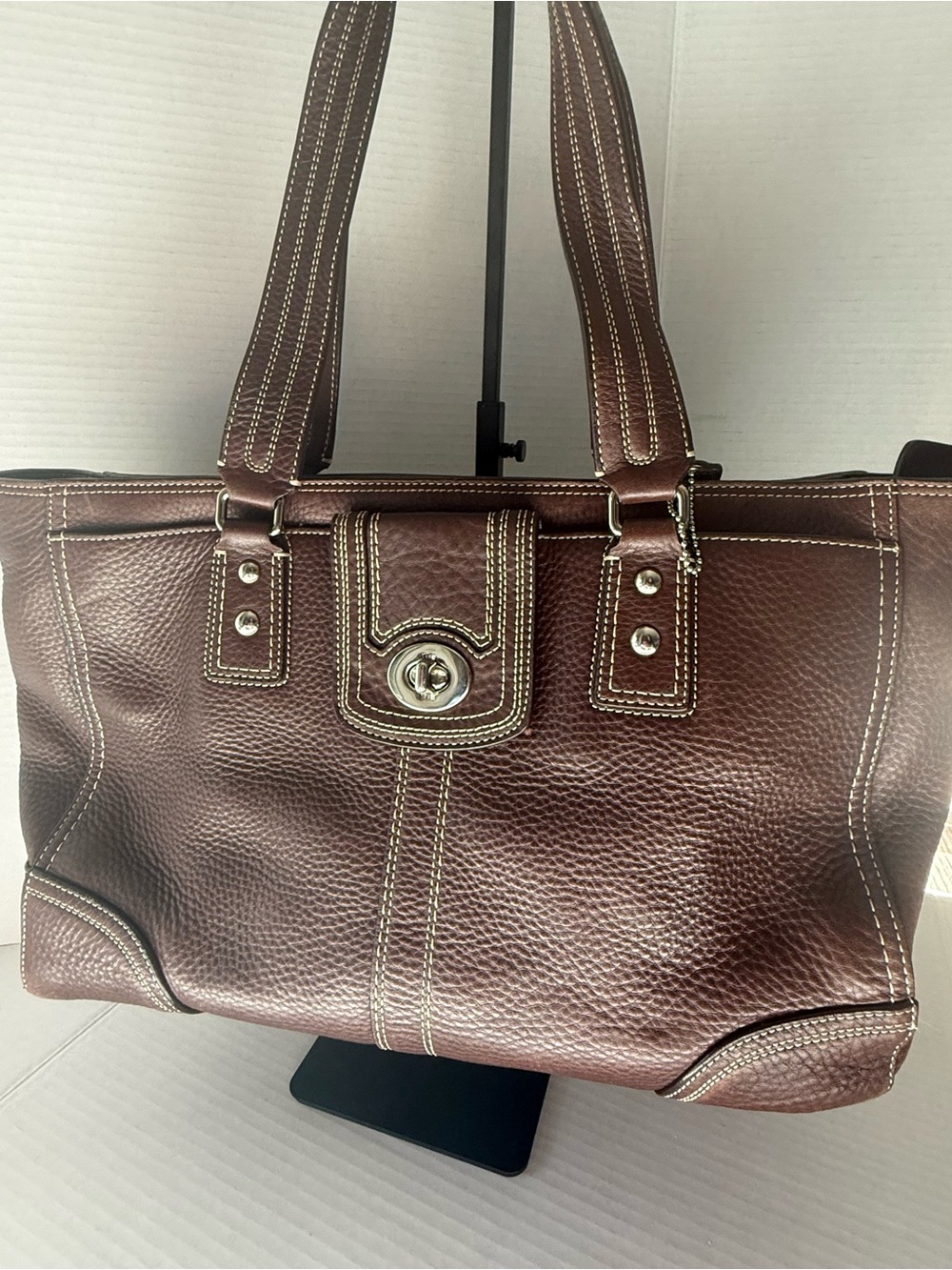 Vintage Coach Hampton Brown Pebbled Leather Tote w/Silver Hardware - EUC